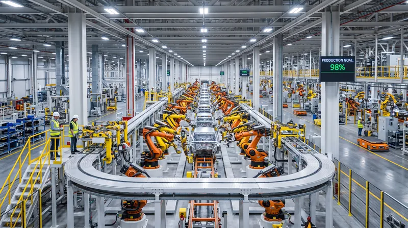 A massive industrial automotive assembly line with robotic arms operating on a continuous production floor.