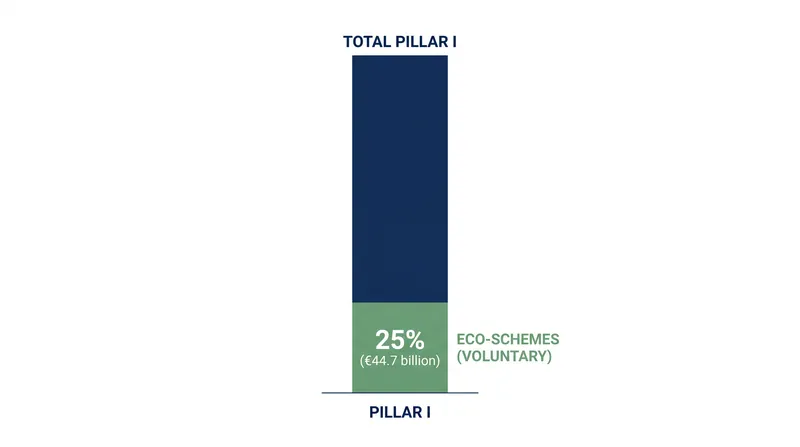 The 2023–2027 framework requires member states to ring-fence at least 25 percent of their Pillar I funds for environmental eco-schemes.