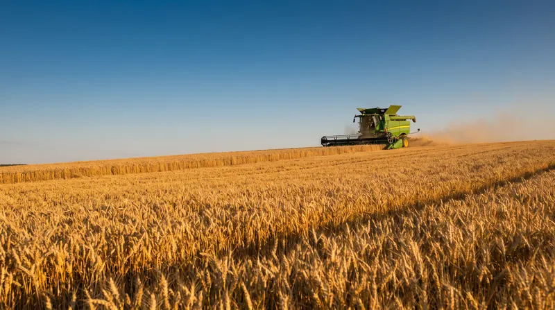 A large commercial wheat field in Europe with a modern combine harvester operating under a clear blue sky.
