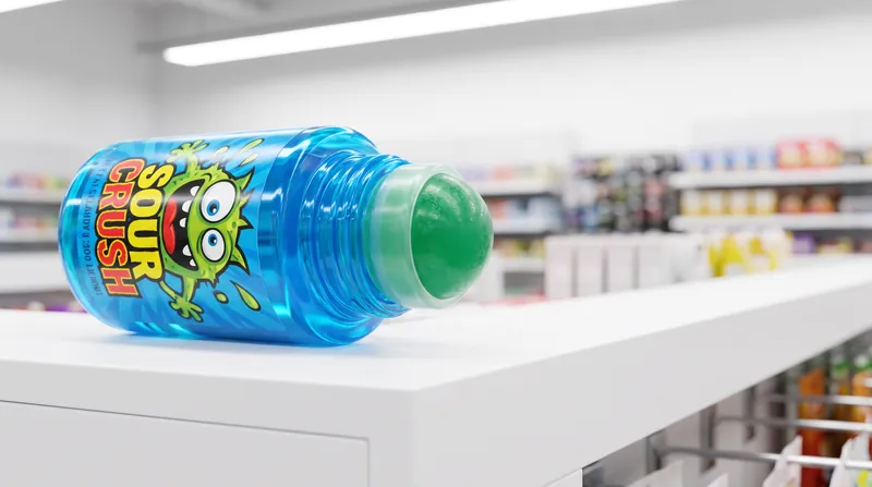 A brightly colored Ricky Joy Sour Crush liquid candy bottle with a green monster illustration.