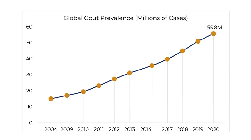 Global gout cases have risen alongside metabolic syndrome, which primes the immune system for inflammasome activation.