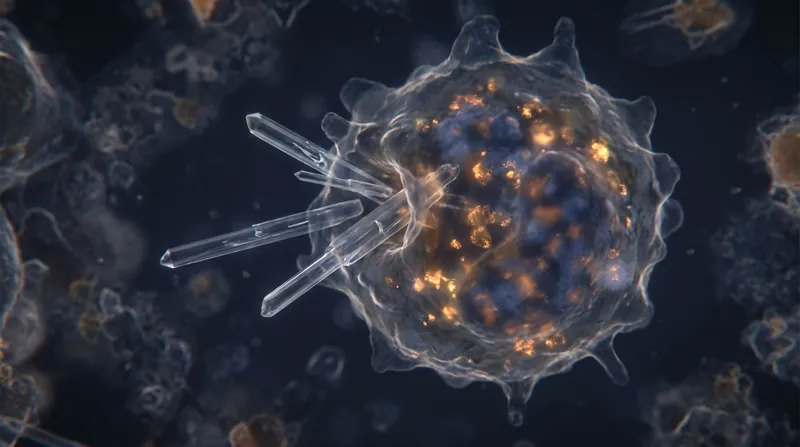 Microscopic view of sharp, needle-like monosodium urate crystals interacting with a glowing macrophage cell.