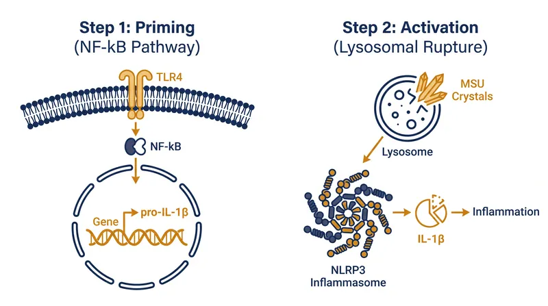 The NLRP3 inflammasome requires both a metabolic priming signal and a physical trigger to initiate a gout flare.