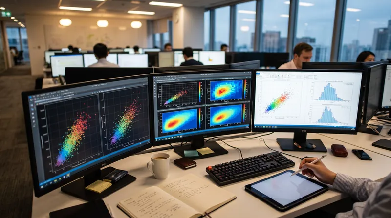 A financial analyst's desk with multiple monitors displaying scatter plots and risk distribution curves.