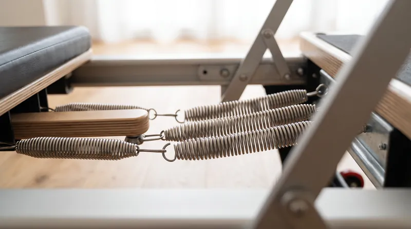 Close-up view of heavy metal springs attached to the sliding carriage of a Pilates reformer machine.