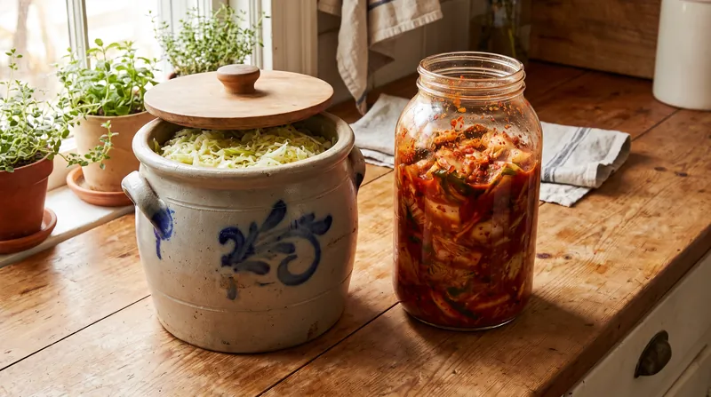 A rustic kitchen counter showing a traditional stoneware crock of sauerkraut next to a glass jar of red kimchi.