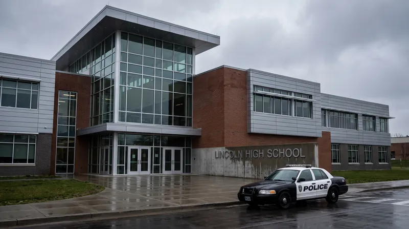 A police cruiser parked outside the entrance of a modern American high school building.