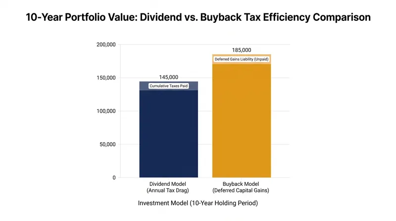 Share repurchases allow investors to defer taxes until they sell, avoiding the annual tax drag created by cash dividends.