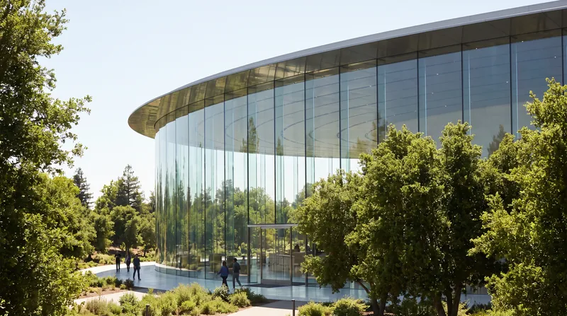 The exterior glass facade of Apple Park headquarters in Cupertino, California, surrounded by trees.