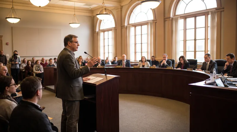 A citizen speaking at a wooden podium during a crowded city council meeting.