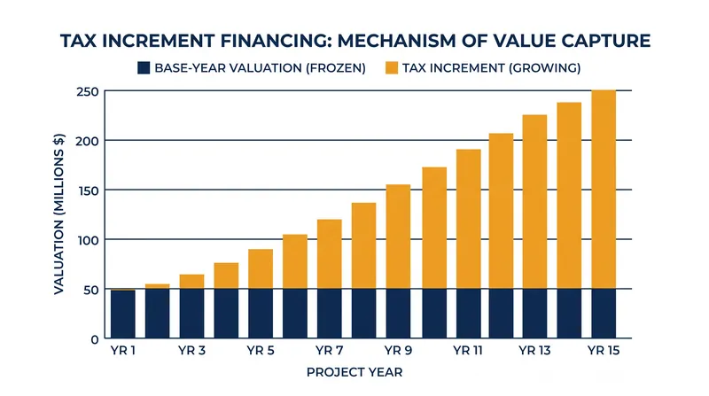 How the tax increment is captured over the lifespan of a TIF district.
