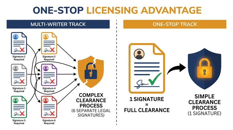 One-stop tracks allow music supervisors to clear both master and publishing rights with a single signature.