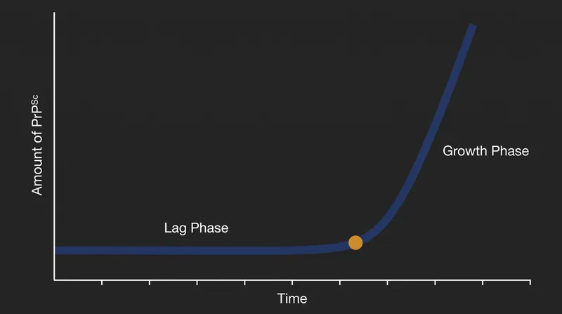 Prion aggregation follows a distinct kinetic curve, characterized by a slow initial lag phase before exponential templated growth.