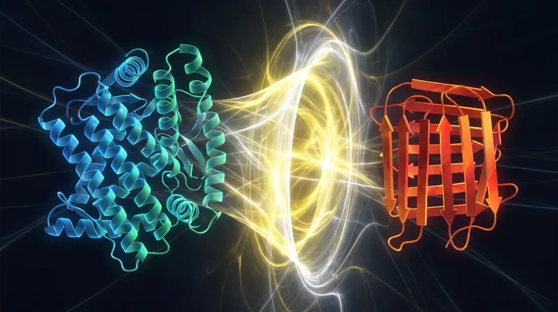 Illustration showing a coiled blue protein structure transforming into a flat, rigid red structure across a glowing barrier.