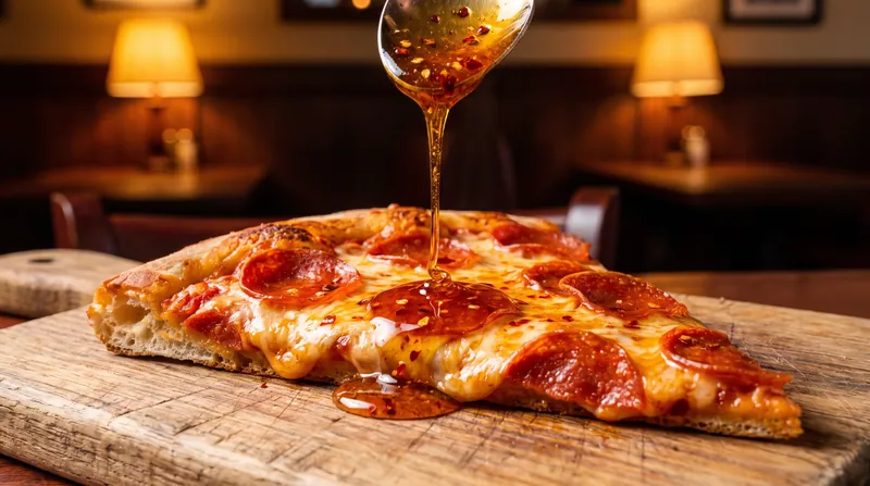 A close-up view of a slice of pepperoni pizza being drizzled with glossy hot honey infused with red chili flakes.