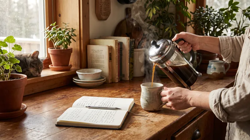 Hands pouring coffee from a French press into a mug next to an open journal and pen.