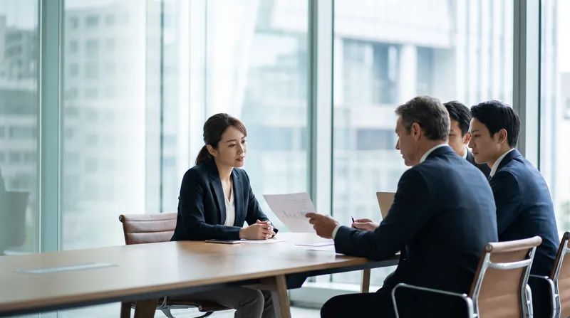 A female professional sits across a table from a hiring committee, reviewing a compensation document.