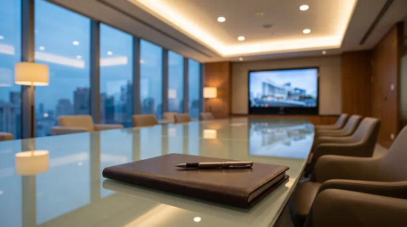 An empty modern corporate boardroom table with a leather portfolio and pen resting on the surface.