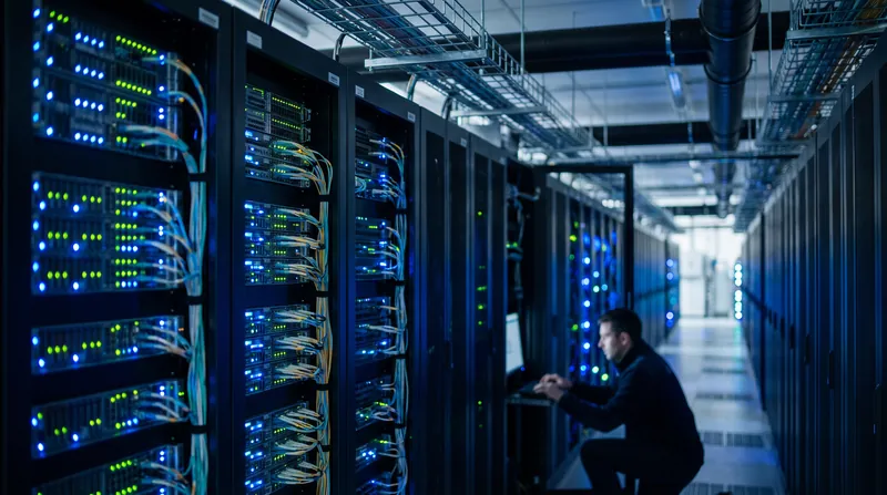 A brightly lit aisle of server racks inside a modern cloud computing data center.