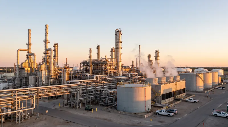 An industrial oil refinery with complex steel piping, distillation towers, and storage tanks under a clear sky.