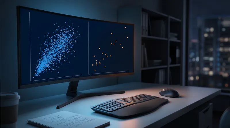 A computer monitor in a dark office displaying a scatter plot with a large blue cluster and a small orange cluster.