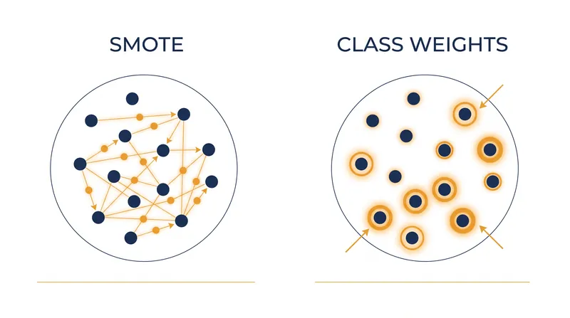 SMOTE alters the dataset by generating synthetic examples, while class weights alter the algorithm's loss function.