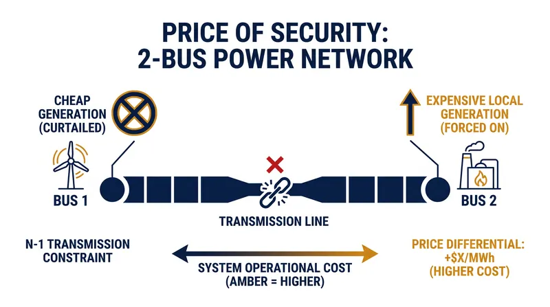 The deterministic N-1 constraint forces operators to dispatch expensive local power to maintain transmission buffers.