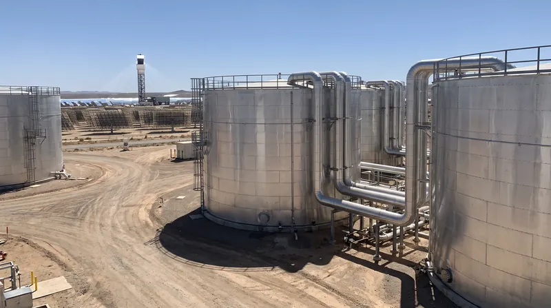 Molten salt is stored in massive insulated steel tanks, allowing solar plants to dispatch electricity hours after sunset.