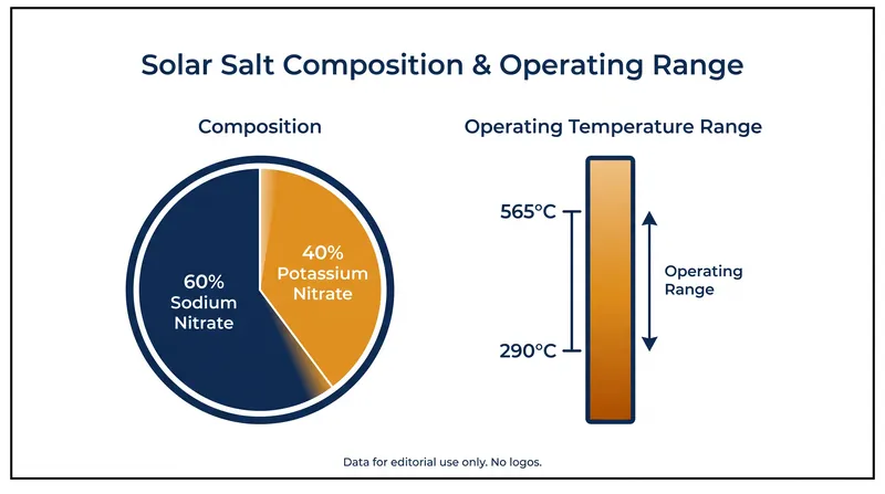 The 60/40 nitrate mixture remains a stable liquid between 223°C and 565°C.