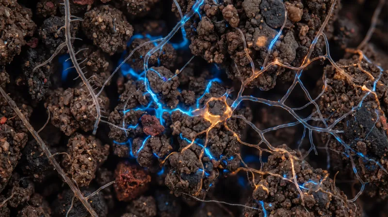 Microscopic view of glowing organic matter and fungal hyphae binding to jagged clay mineral surfaces.