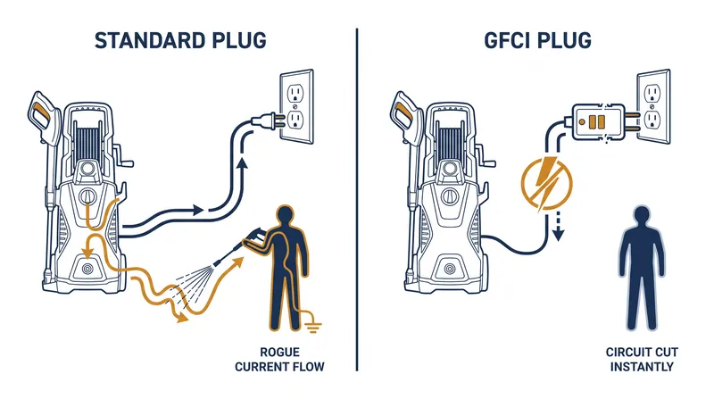 A GFCI plug detects escaping electrical current and cuts power in a fraction of a second, preventing electrocution.