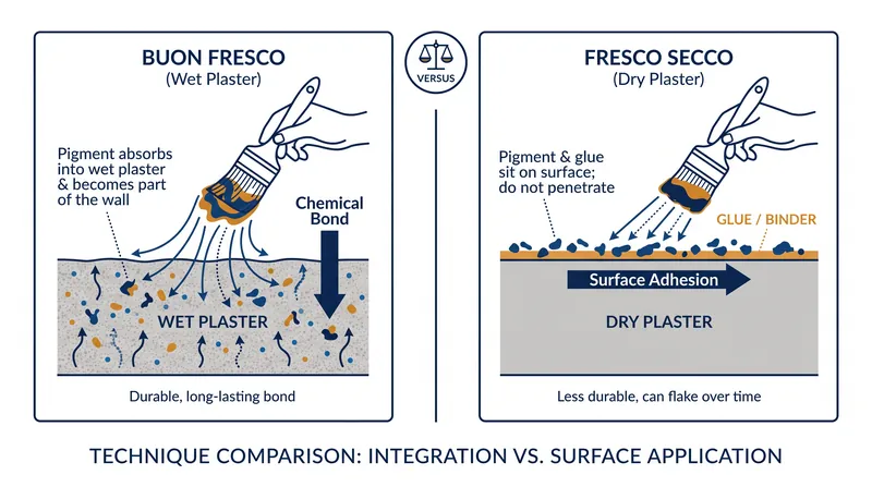 Buon fresco locks pigment into the wall chemically, while fresco secco sits on the surface.