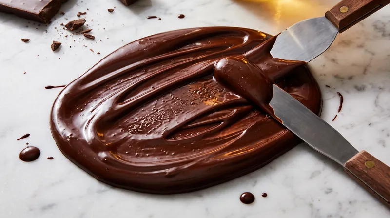Liquid dark chocolate being spread across a white marble slab with a metal spatula.
