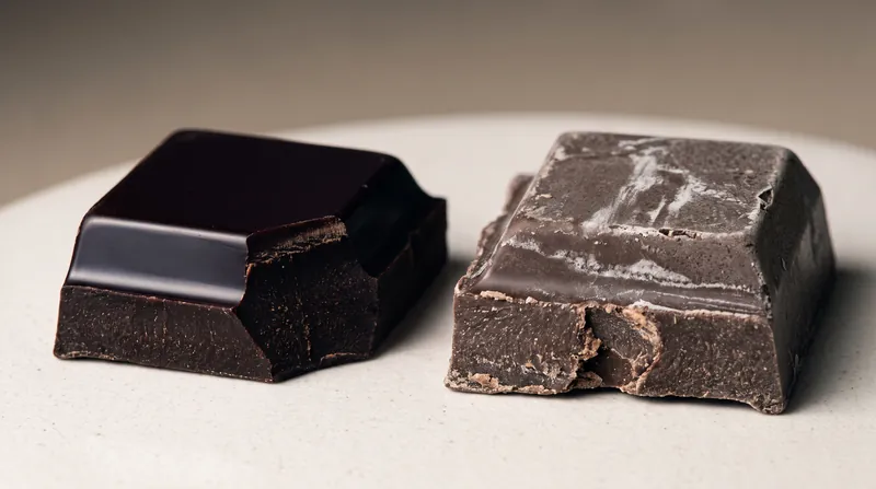 Properly tempered chocolate (left) compared to untempered chocolate exhibiting fat bloom (right).