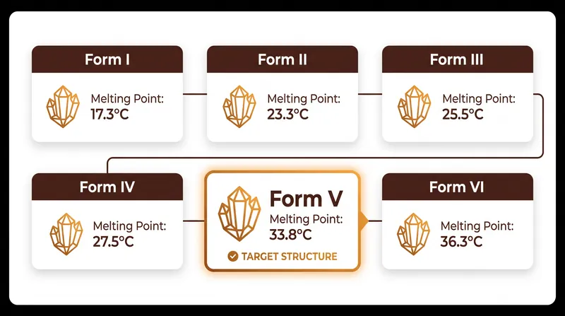 The six crystalline structures of cocoa butter and their respective melting points.