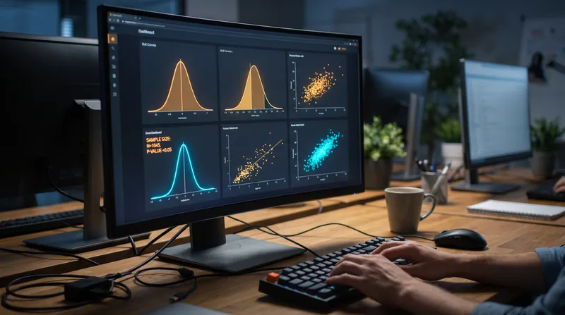 A data scientist analyzing a complex statistical dashboard with bell curves and sample size calculations on a glowing monitor.