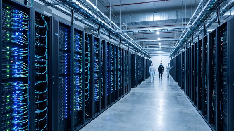A massive modern datacenter interior showing rows of illuminated server racks stretching into the distance under cool blue lighting.