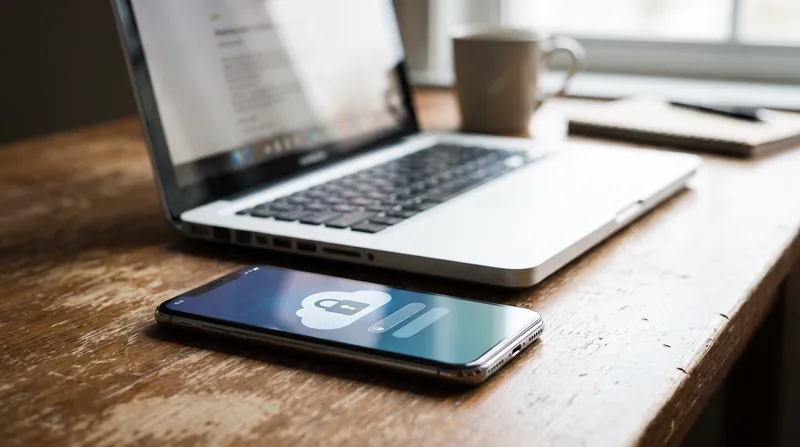 A smartphone displaying a padlock icon rests on a wooden desk next to a laptop computer.