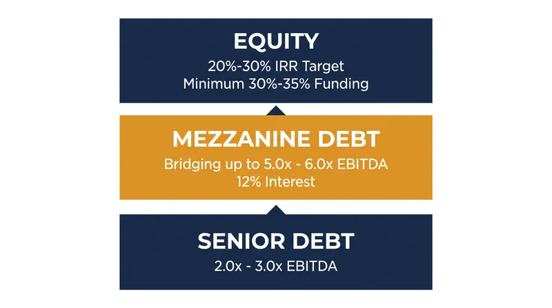 Mezzanine debt bridges the gap between the senior debt ceiling and the minimum equity requirement.