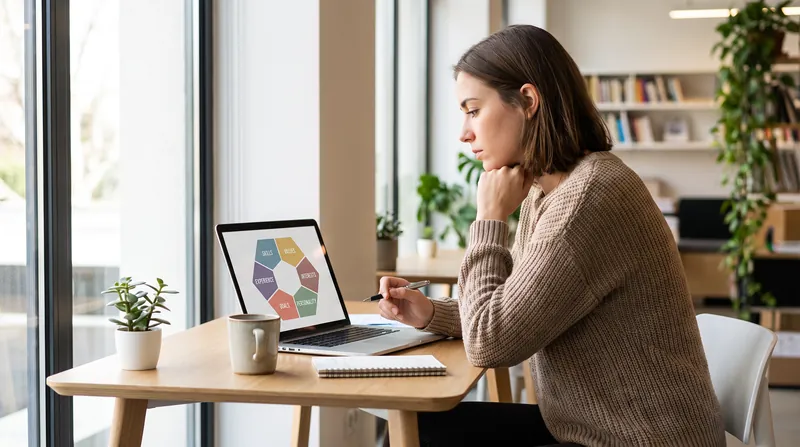 A young adult sitting at a desk, looking thoughtfully at a laptop screen displaying a colorful hexagon diagram.