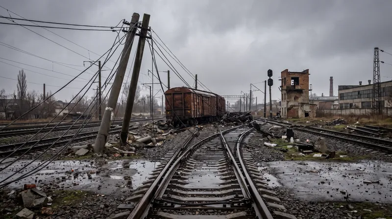 Twisted steel rails and damaged overhead electrical lines at a railway junction in Western Ukraine.