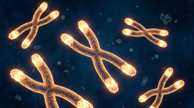 Microscopic view of X-shaped chromosomes with glowing amber protective telomere caps at their ends.
