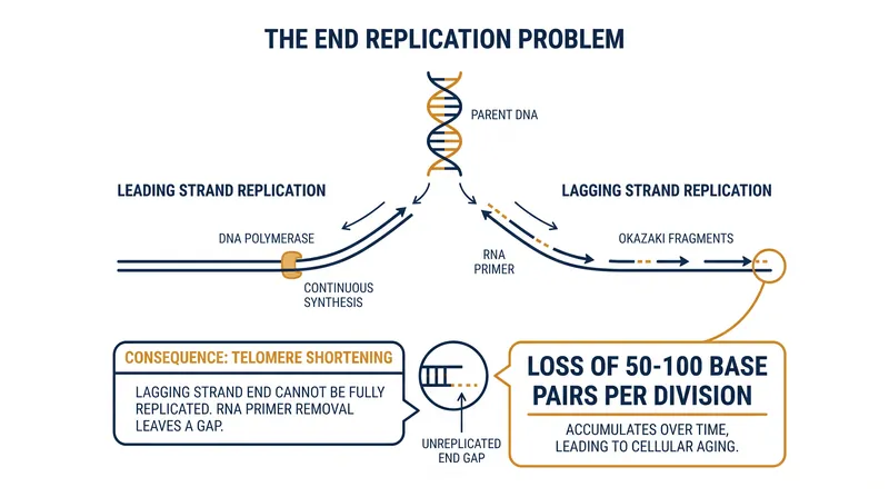 Because DNA polymerase cannot fully copy the lagging strand, telomeres lose 50 to 100 base pairs during each replication cycle.