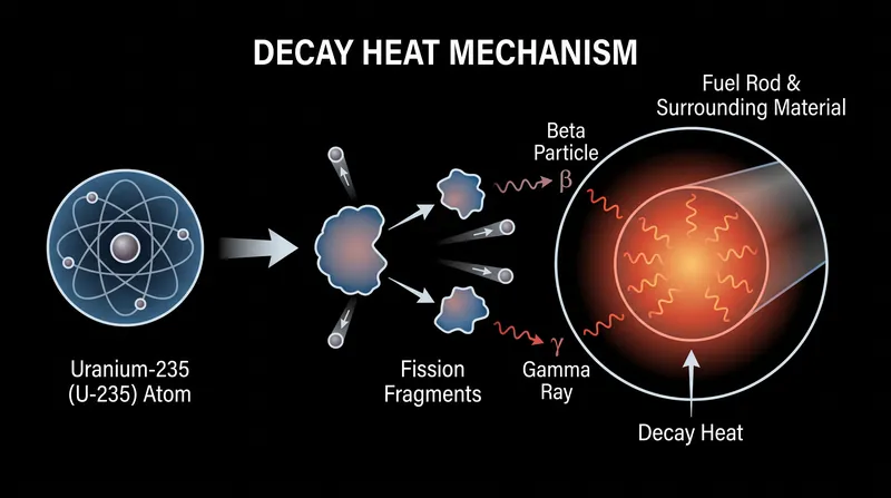 Decay heat is generated when unstable fission fragments release beta particles and gamma rays, converting kinetic energy into thermal energy within the fuel rod.