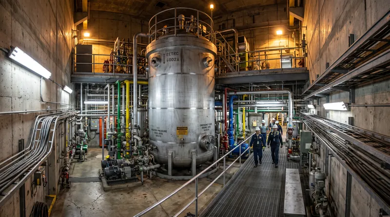 The interior of a nuclear reactor containment building showing the massive steel pressure vessel and cooling pipes.