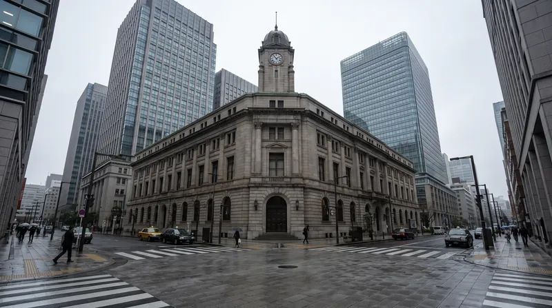 The exterior of the Bank of Japan headquarters building in Tokyo under an overcast sky.