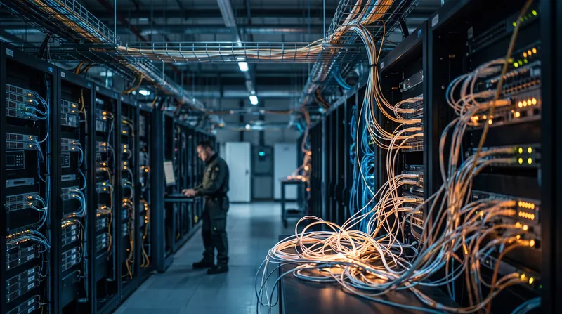 Rows of illuminated server racks and fiber optic cables in a modern data center.
