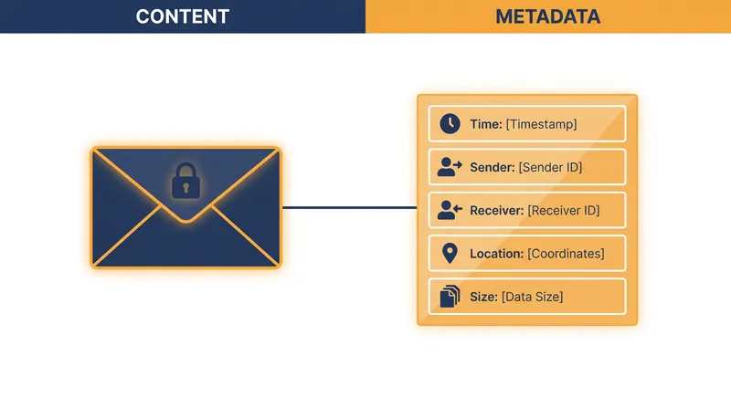 While encryption secures the payload of a message, the metadata required to route it remains visible to passive collection.