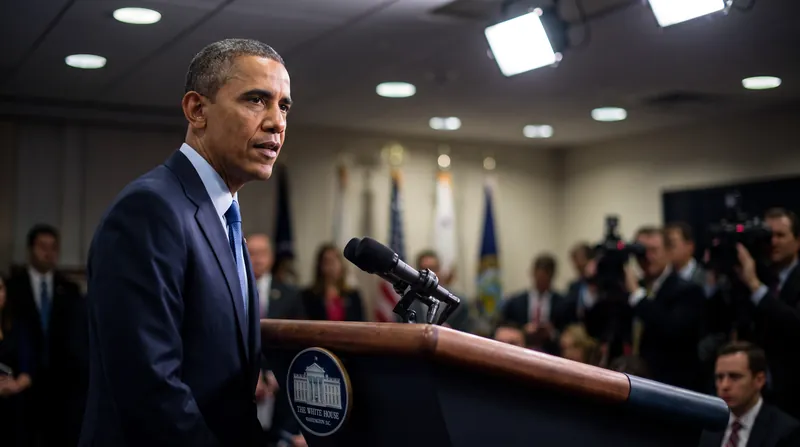 Former U.S. President Barack Obama speaking at a podium in a formal setting.