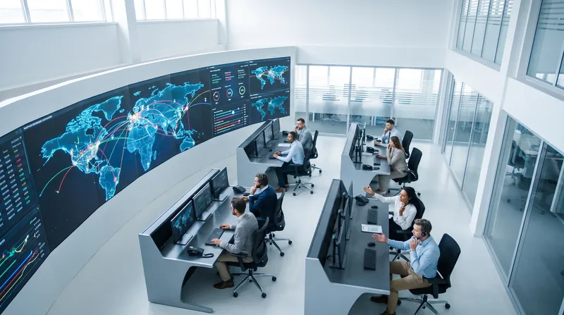 A modern logistics control room with digital screens displaying global supply chain networks and data.